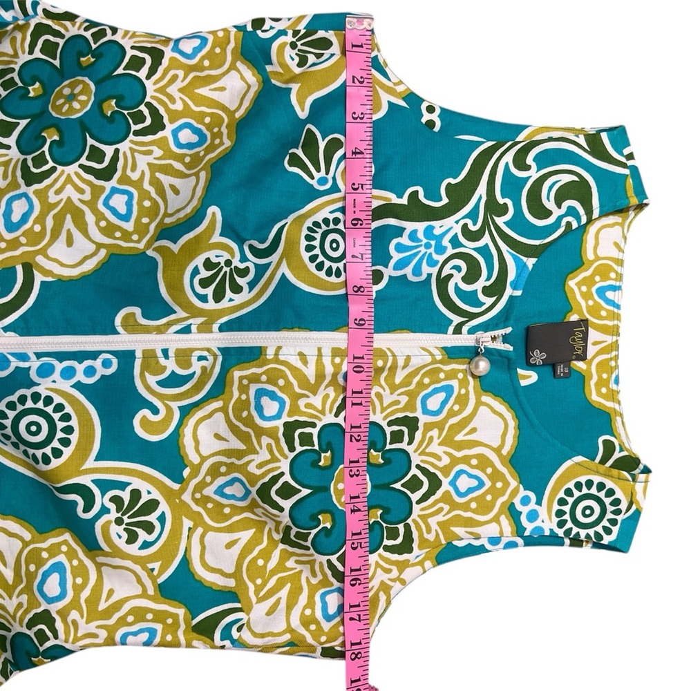 Taylor Women’s Size 10 Linen Silk Blend Zip Front Shift Dress Floral Teal Green - Picture 4 of 10